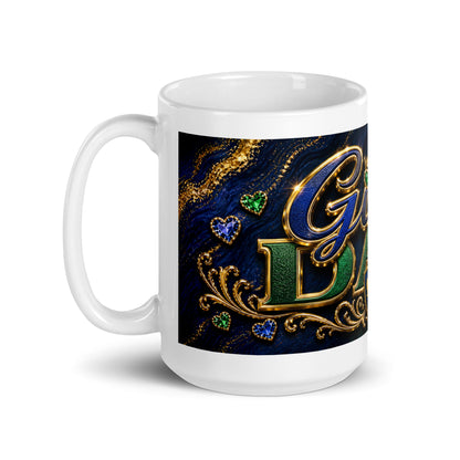 Close up of bold crown graphic on Girl Dad mug