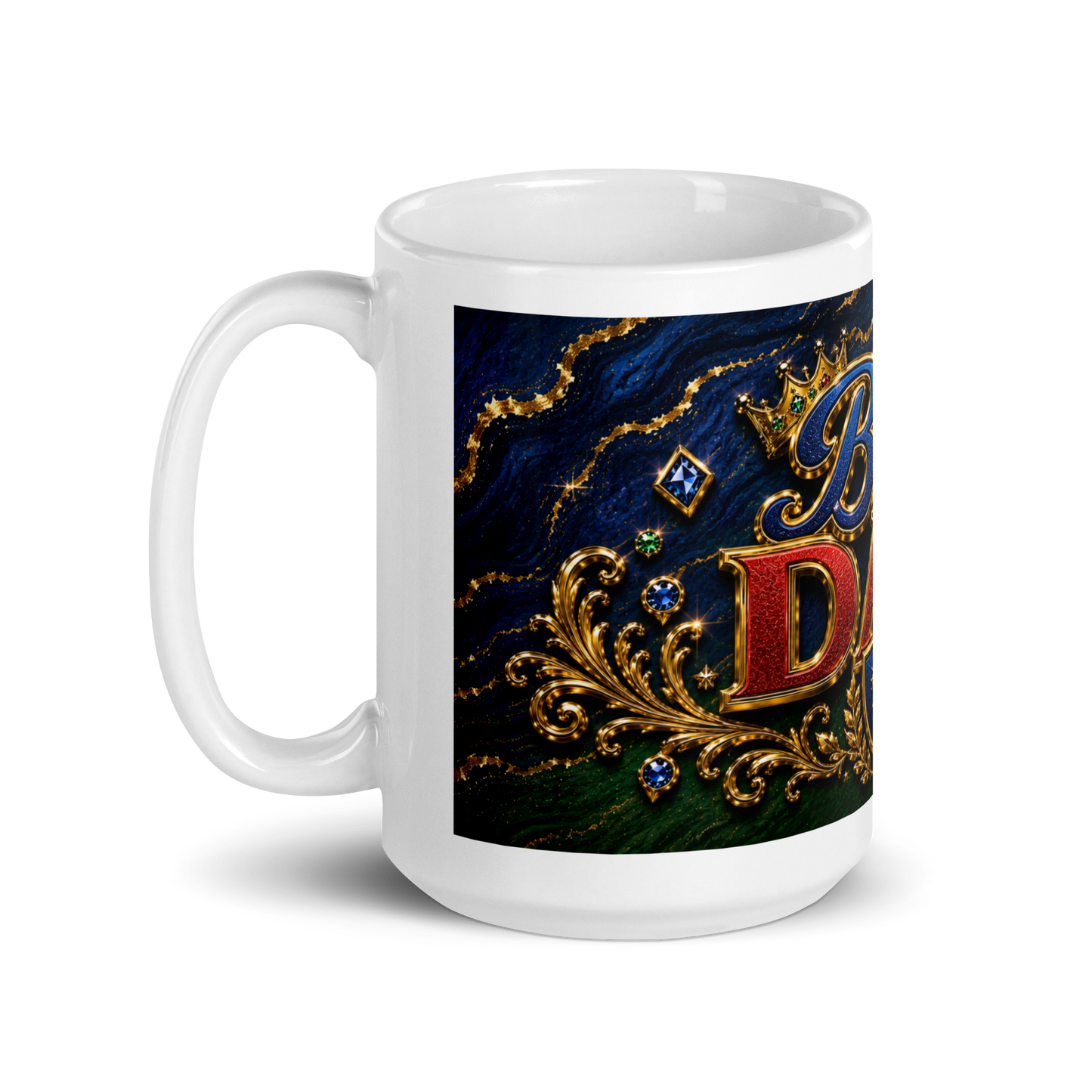 Close up of bold masculine royal artwork on dad mug