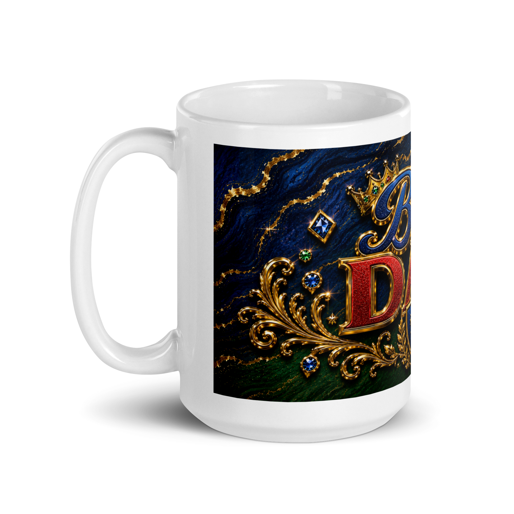 Close up of bold masculine royal artwork on dad mug