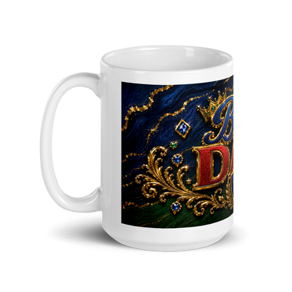 Close up of bold masculine royal artwork on dad mug