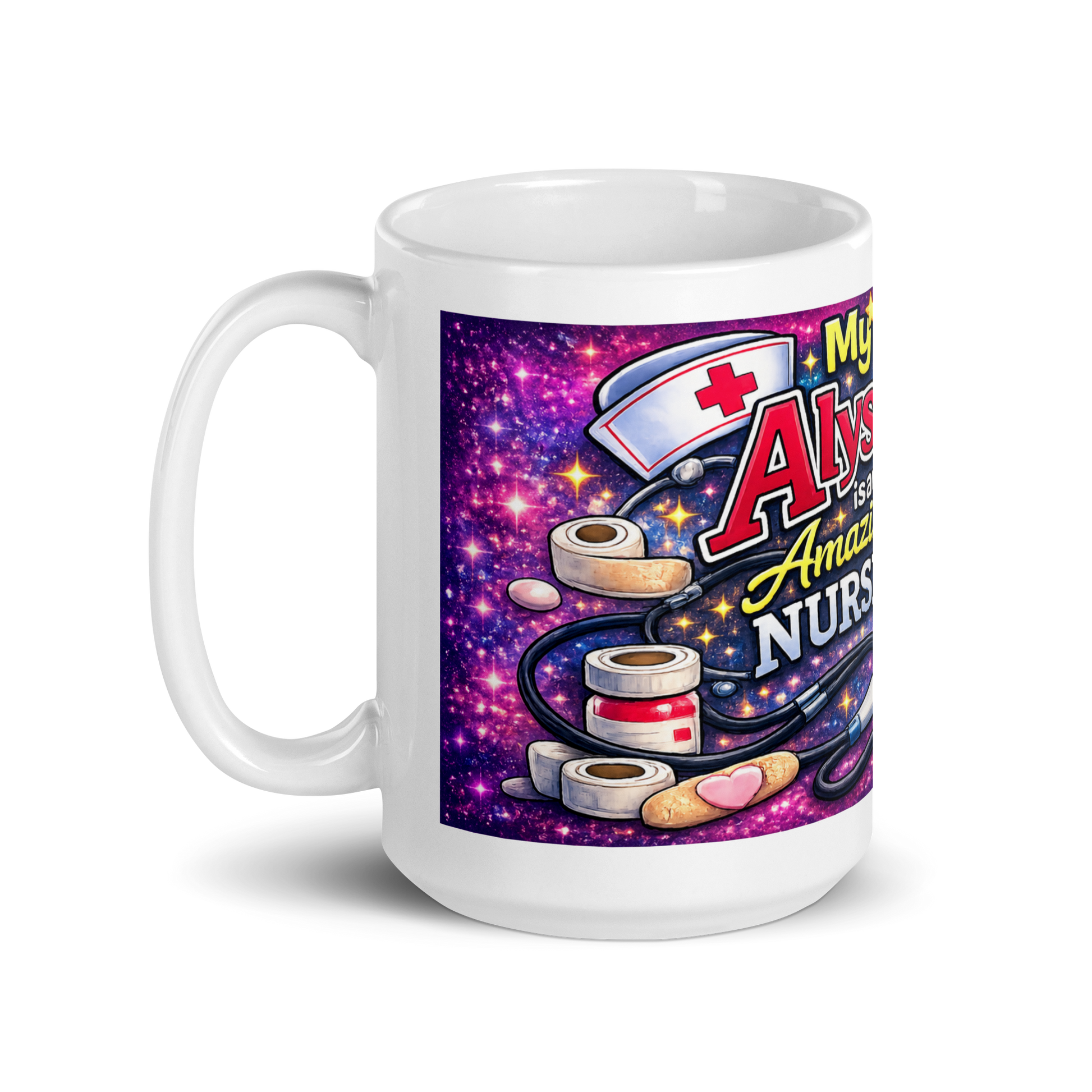 Close up of vibrant medical themed graphics on Alyssa mug