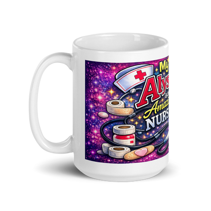 Close up of vibrant medical themed graphics on Alyssa mug