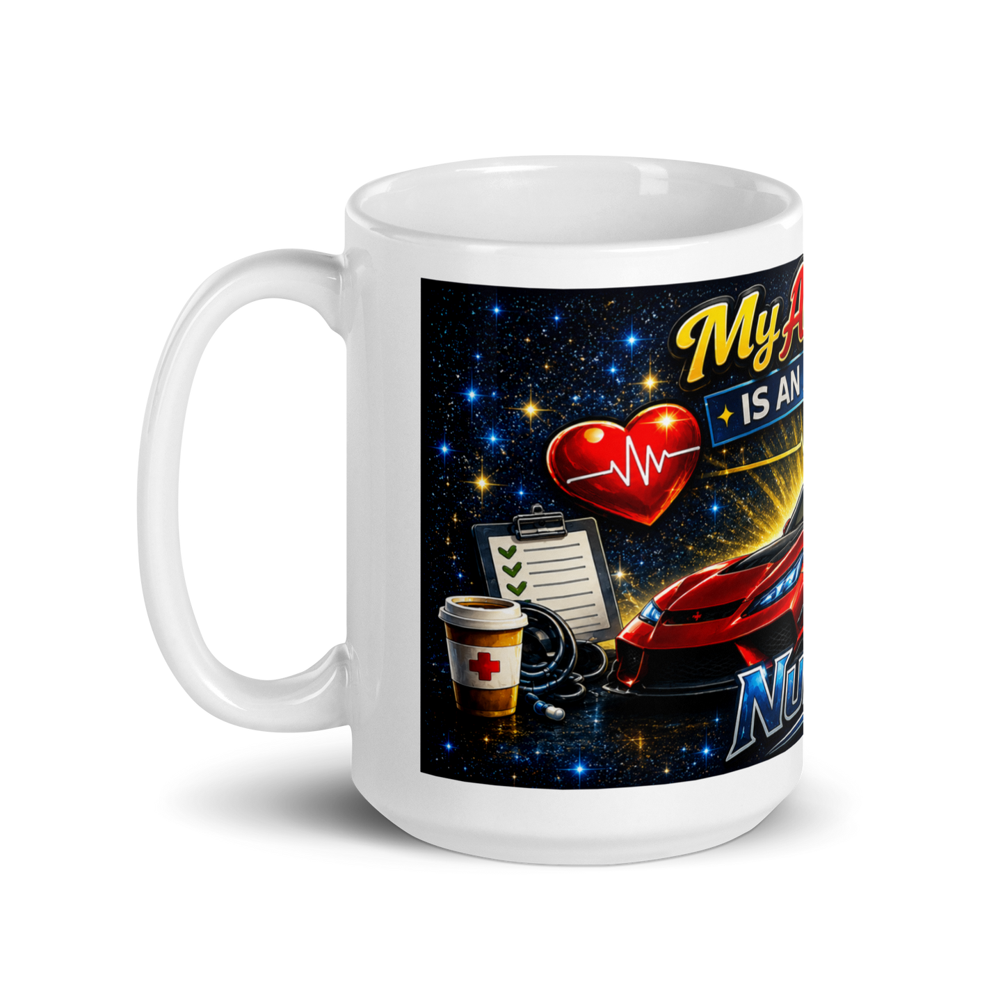 Close up of luxury sports car design on Aaron nurse mug