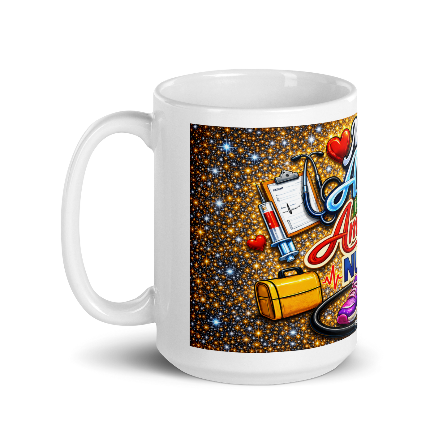 Close up of vibrant medical themed graphics on Amy mug