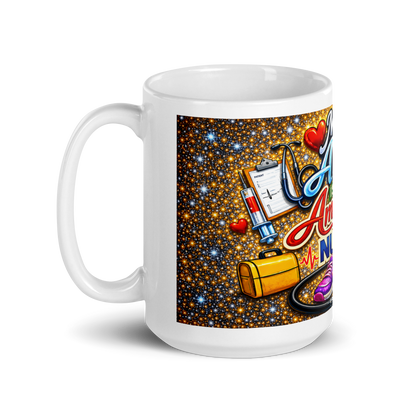 Close up of vibrant medical themed graphics on Amy mug