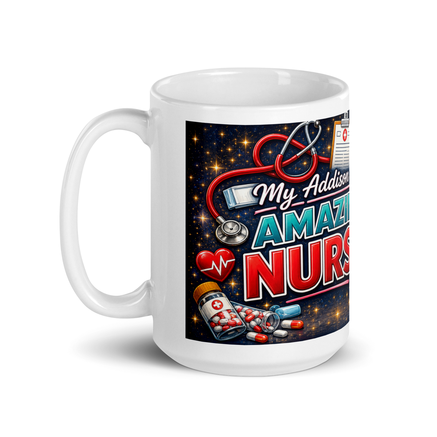 Close up of vibrant healthcare themed details on Addison mug