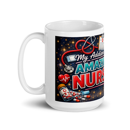 Close up of vibrant healthcare themed details on Addison mug