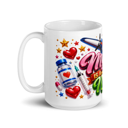 Close up of colorful medical themed details on Ava mug