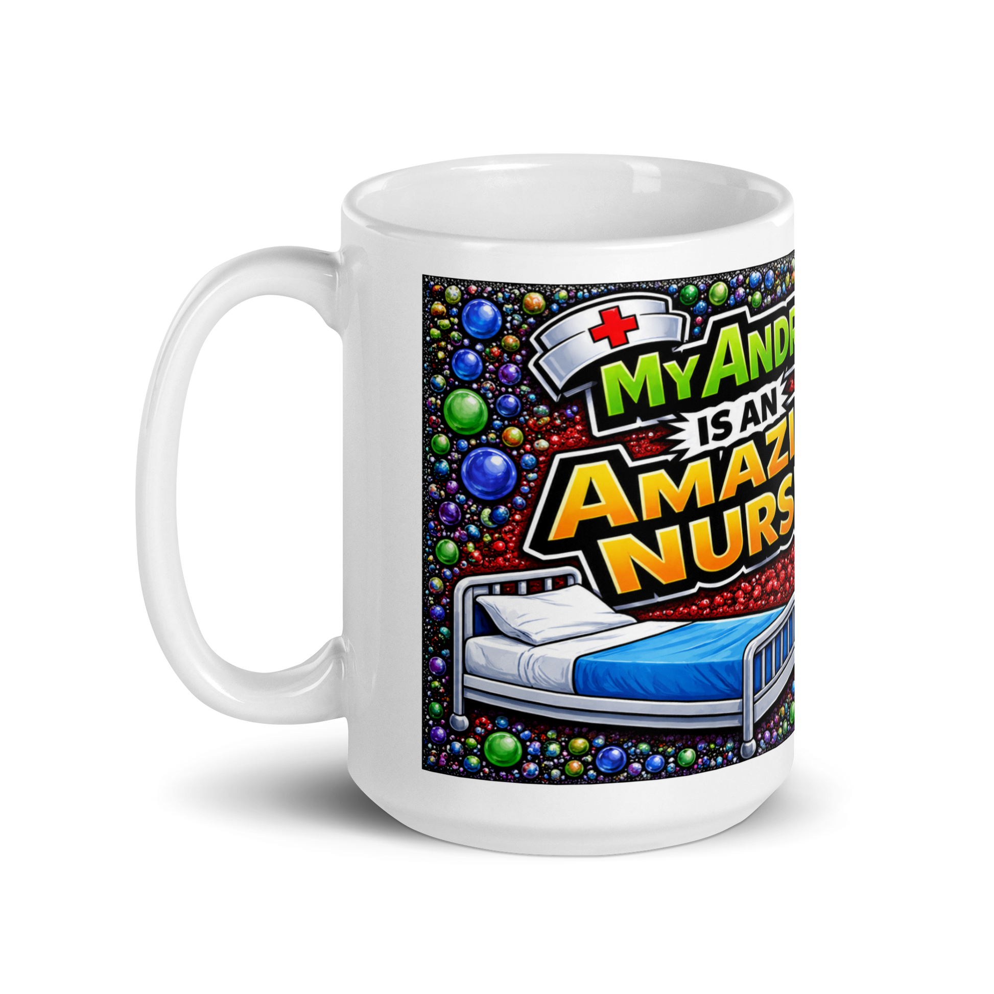 Male healthcare worker holding personalized 15oz ceramic cup