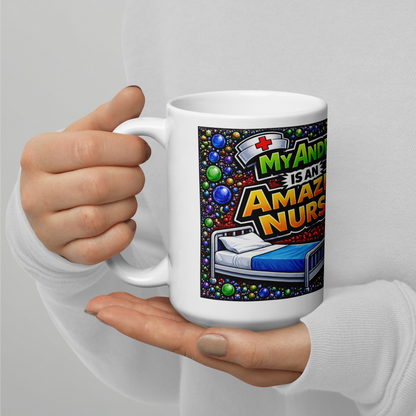 Front view of My Andrew Is an Amazing Nurse ceramic mug