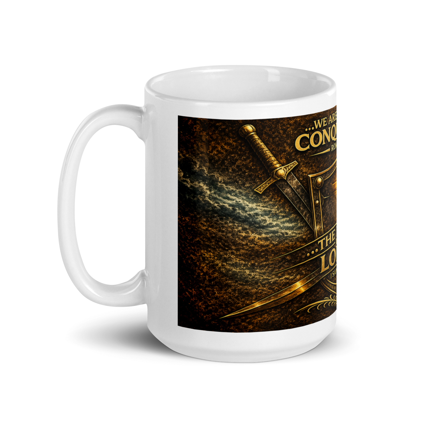 Close up of glowing gold accents on religious faith mug