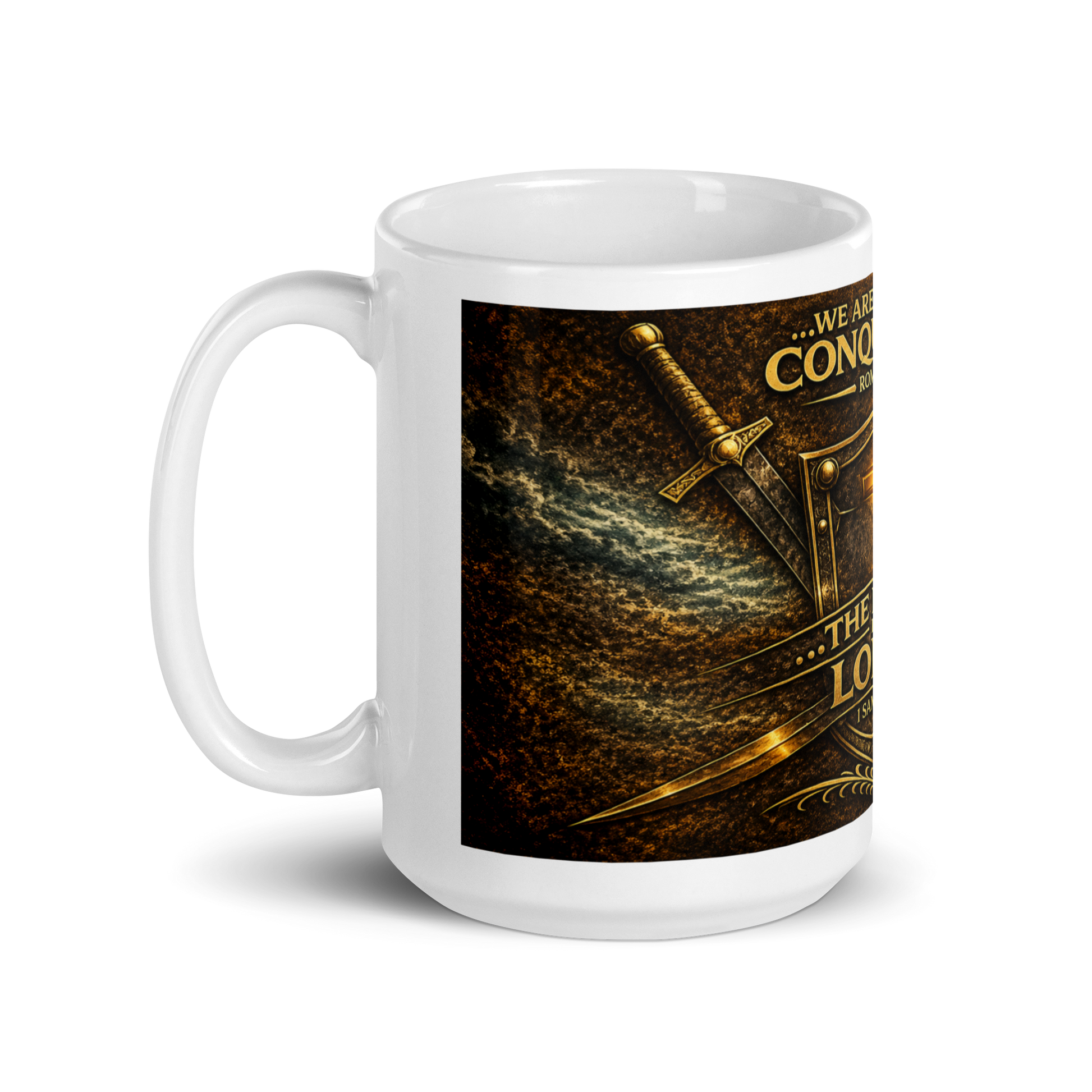 Close up of glowing gold accents on religious faith mug
