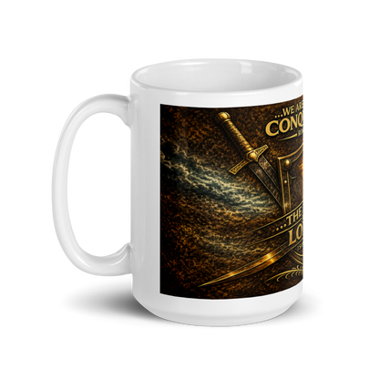 Close up of glowing gold accents on religious faith mug