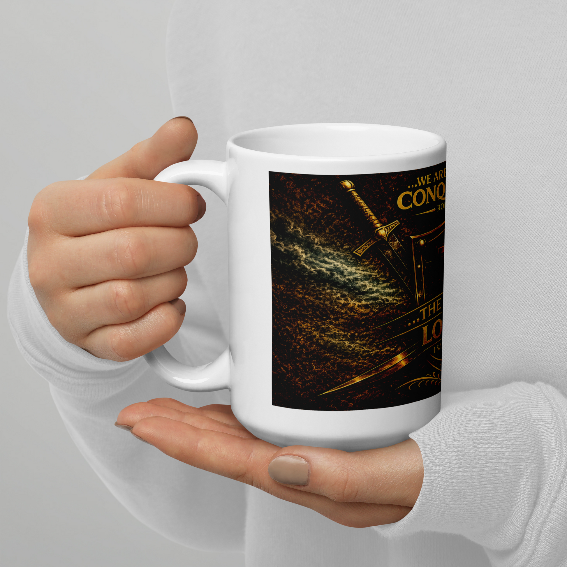 Close up of glowing gold accents on religious faith mug