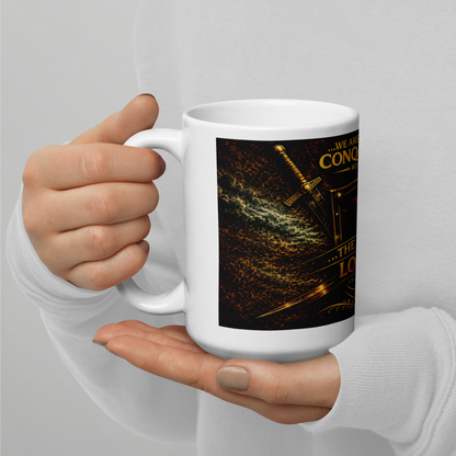 Close up of glowing gold accents on religious faith mug