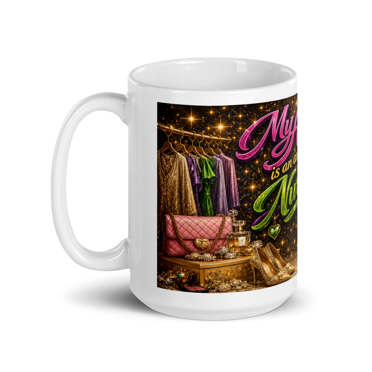 Close up of vibrant nurse themed details on Ashley mug