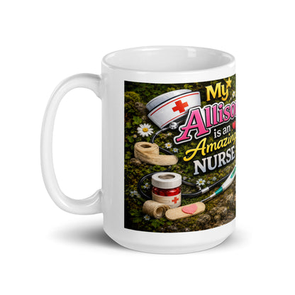 Close up of vibrant floral accents on amazing nurse mug