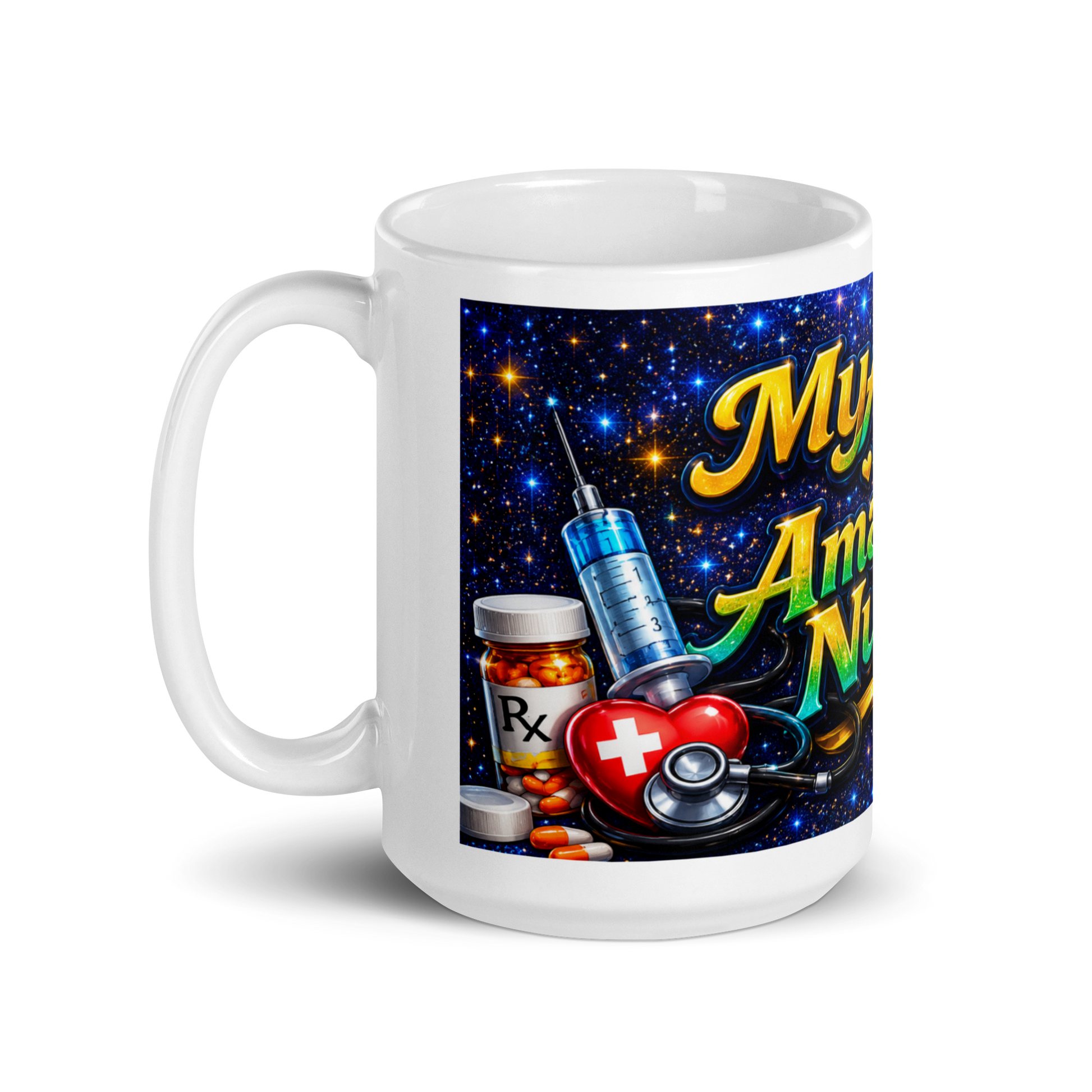 Close up of glowing lettering on amazing nurse mug