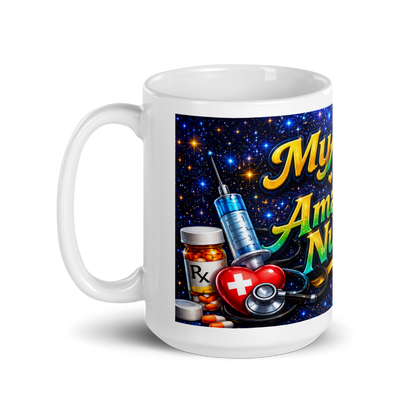 Close up of glowing lettering on amazing nurse mug