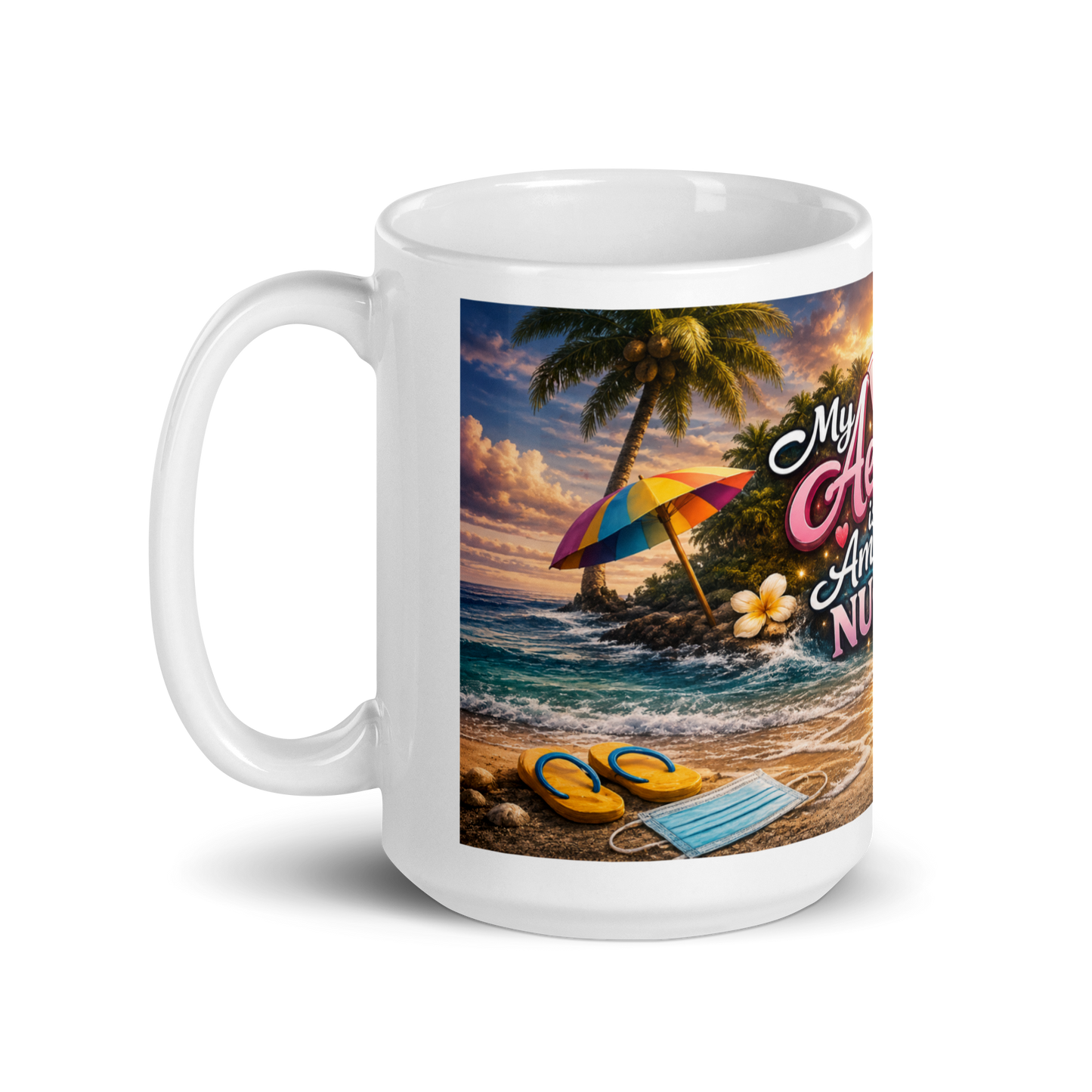 Close up of glowing sunset artwork on amazing nurse mug