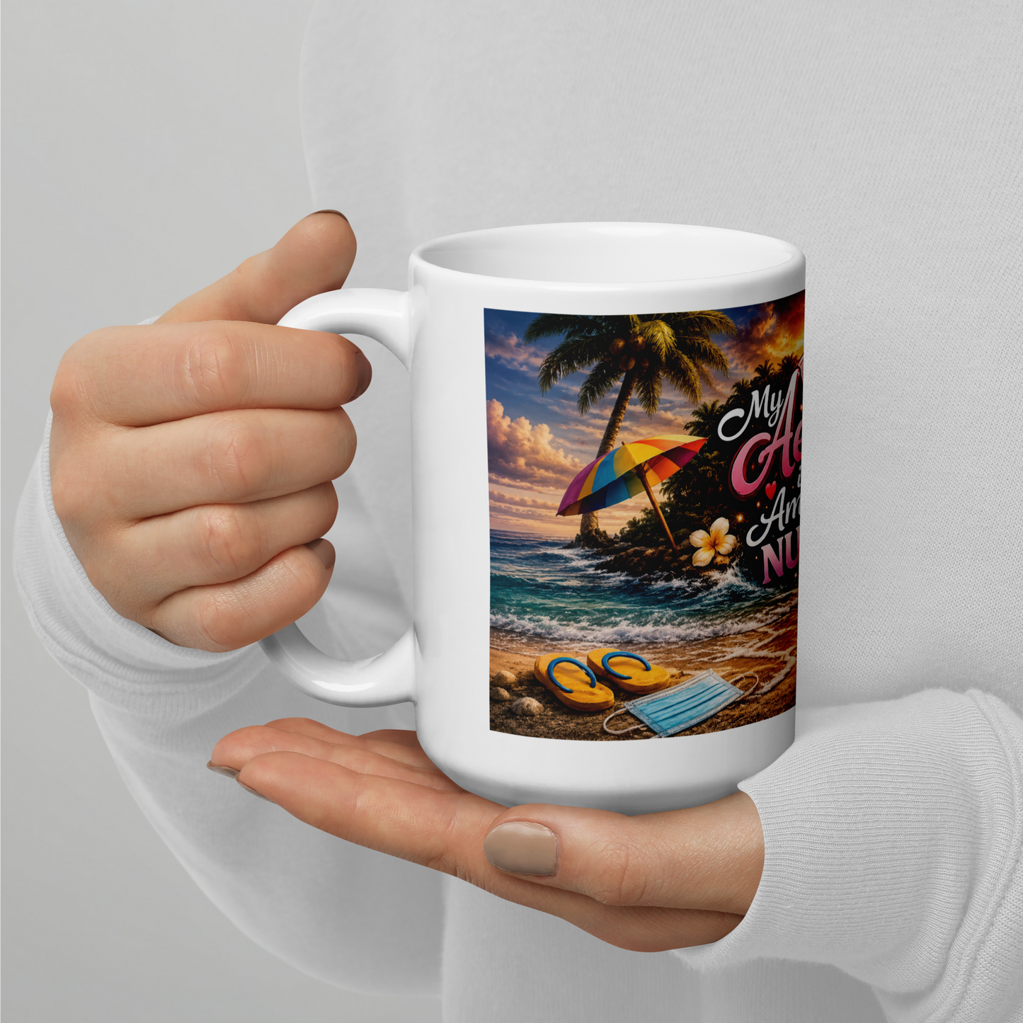Healthcare worker holding personalized 15oz ceramic cup