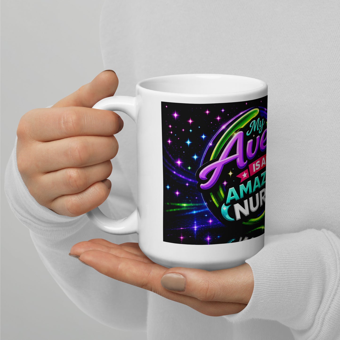 Front view of My Avery Is an Amazing Nurse ceramic mug
