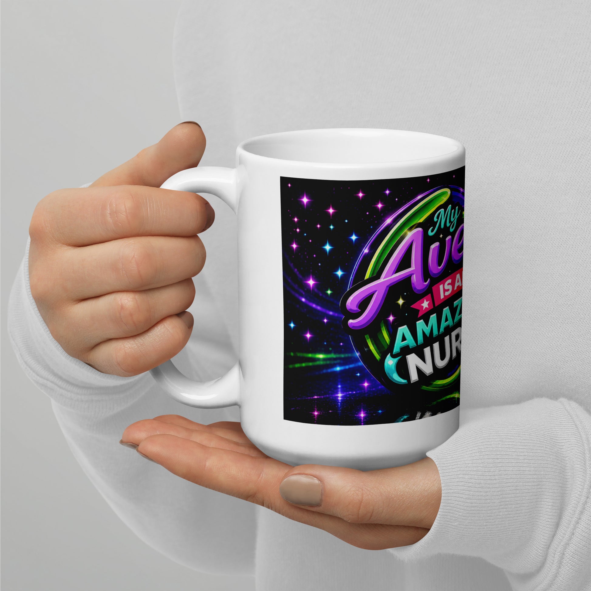 Front view of My Avery Is an Amazing Nurse ceramic mug