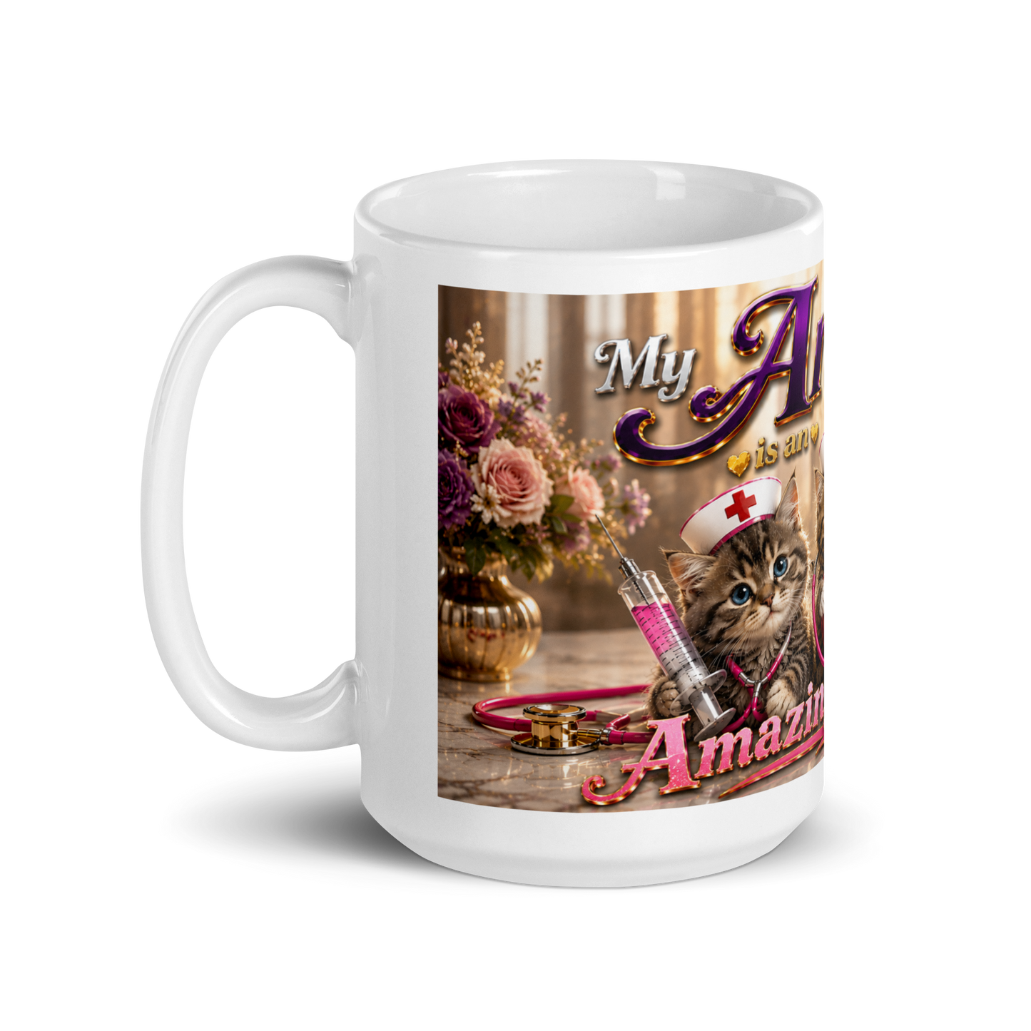 Close up of adorable realistic nurse cats on coffee mug