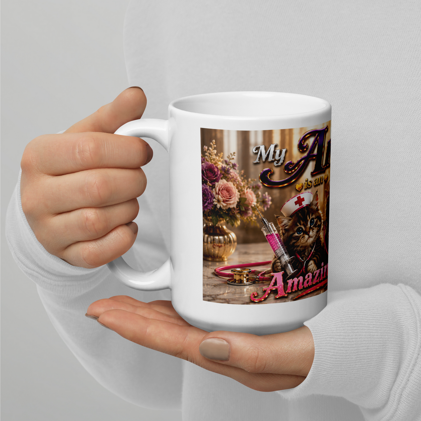 Close up of adorable realistic nurse cats on coffee mug