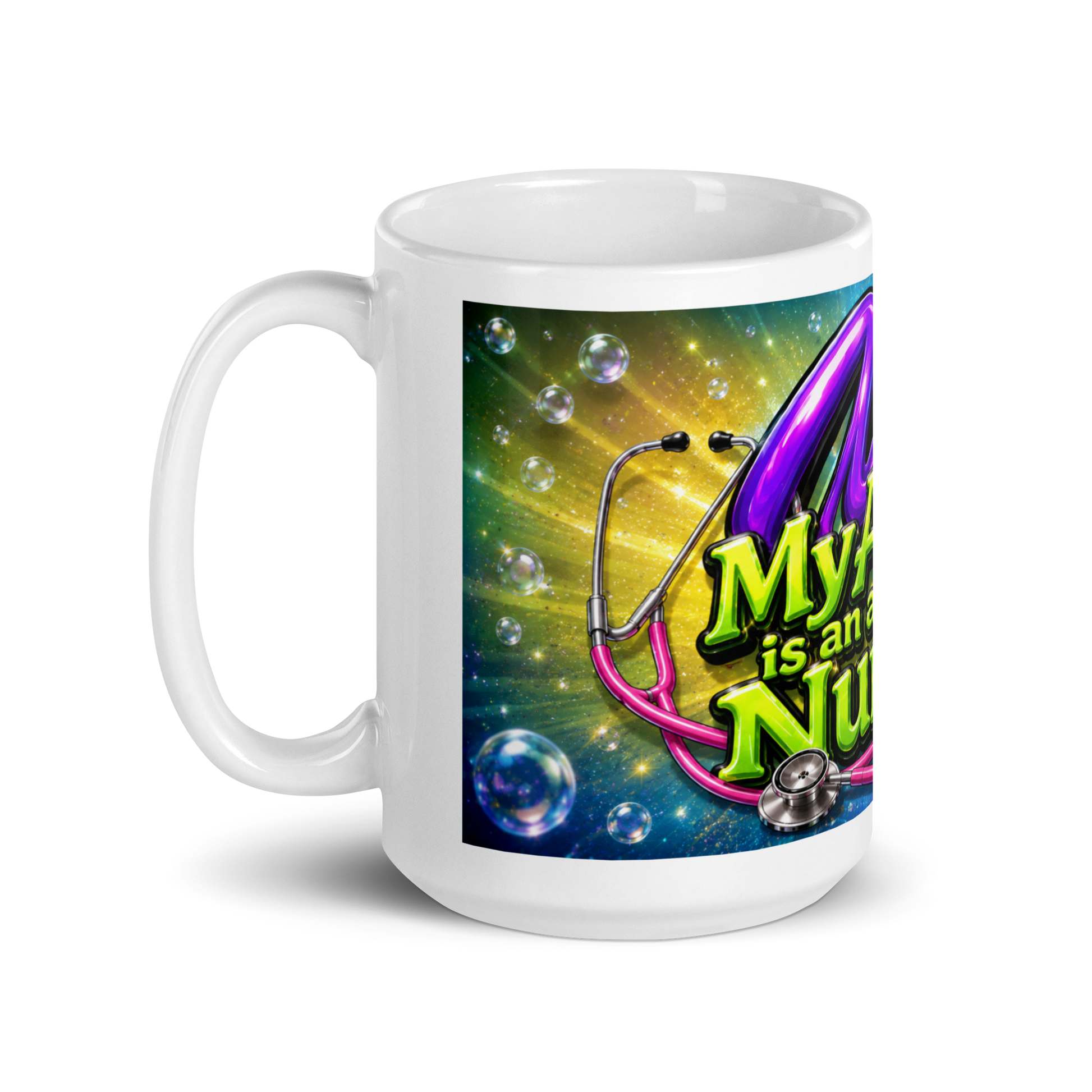 Close up of vibrant neon artwork on amazing nurse coffee mug