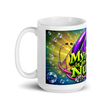 Close up of vibrant neon artwork on amazing nurse coffee mug
