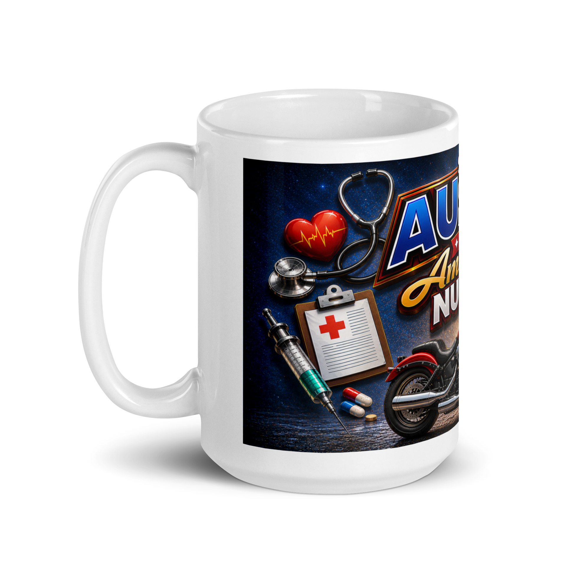 Close up of bold motorcycle graphics on nurse coffee mug
