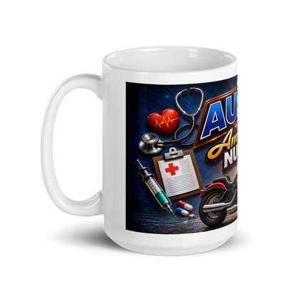 Close up of bold motorcycle graphics on nurse coffee mug