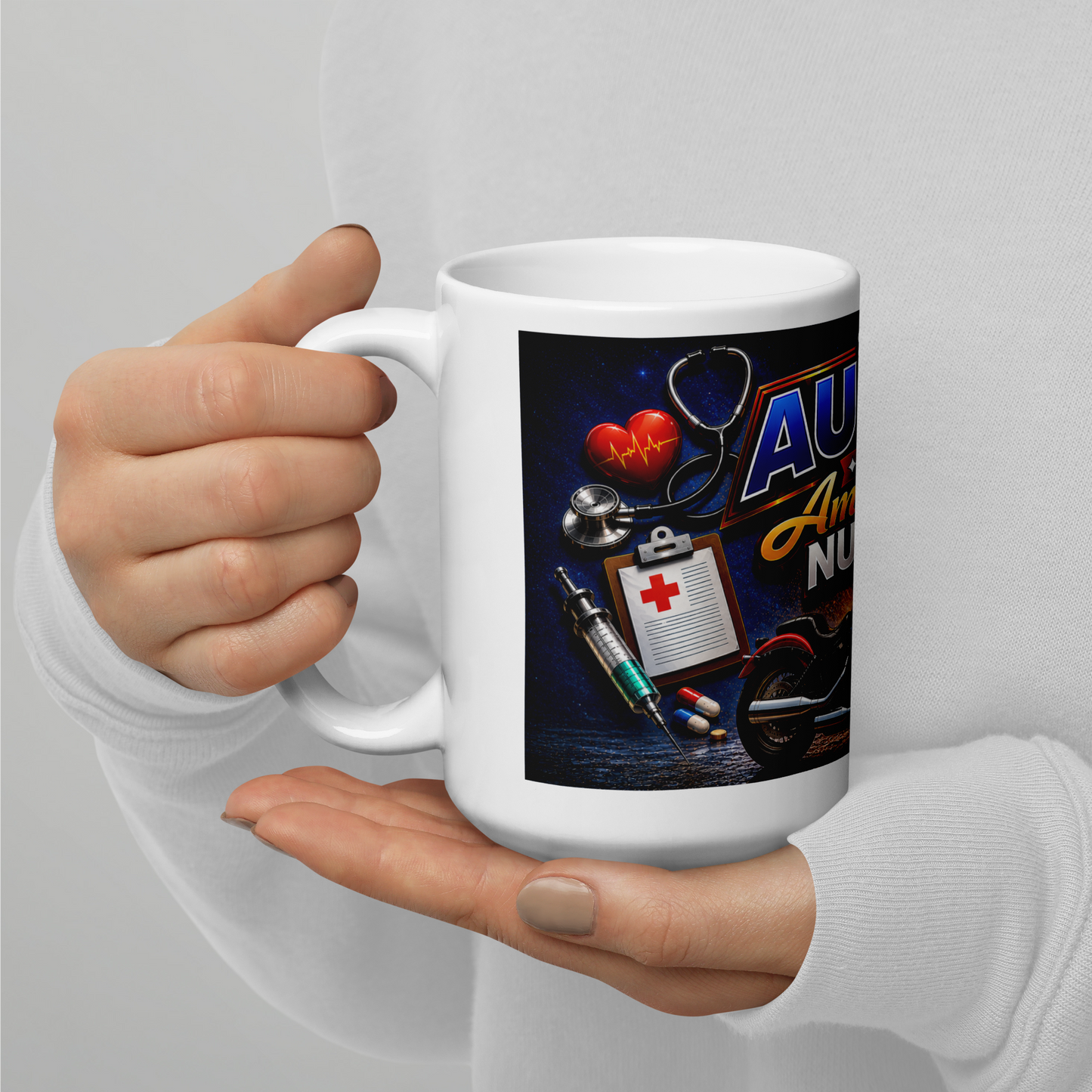 Front view of My Austin Is an Amazing Nurse motorcycle ceramic mug