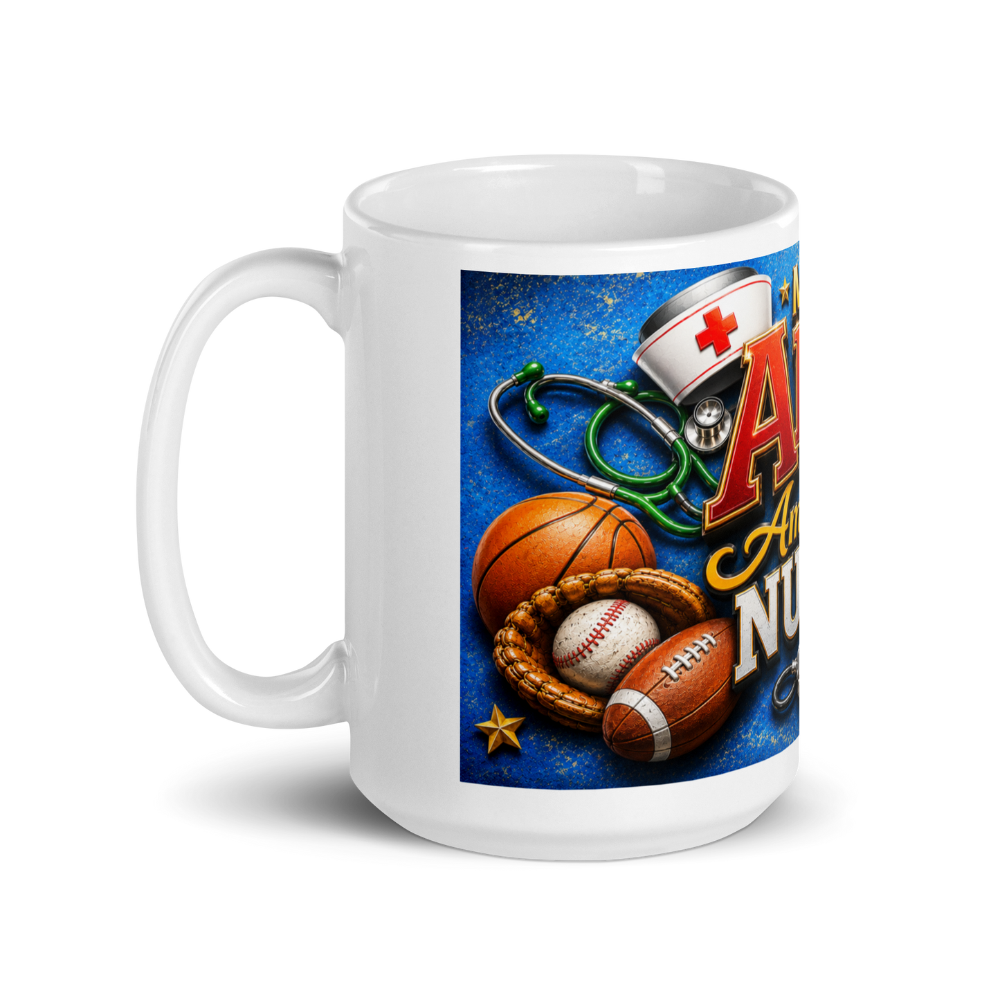 Close up of bold masculine medical graphics on nurse mug