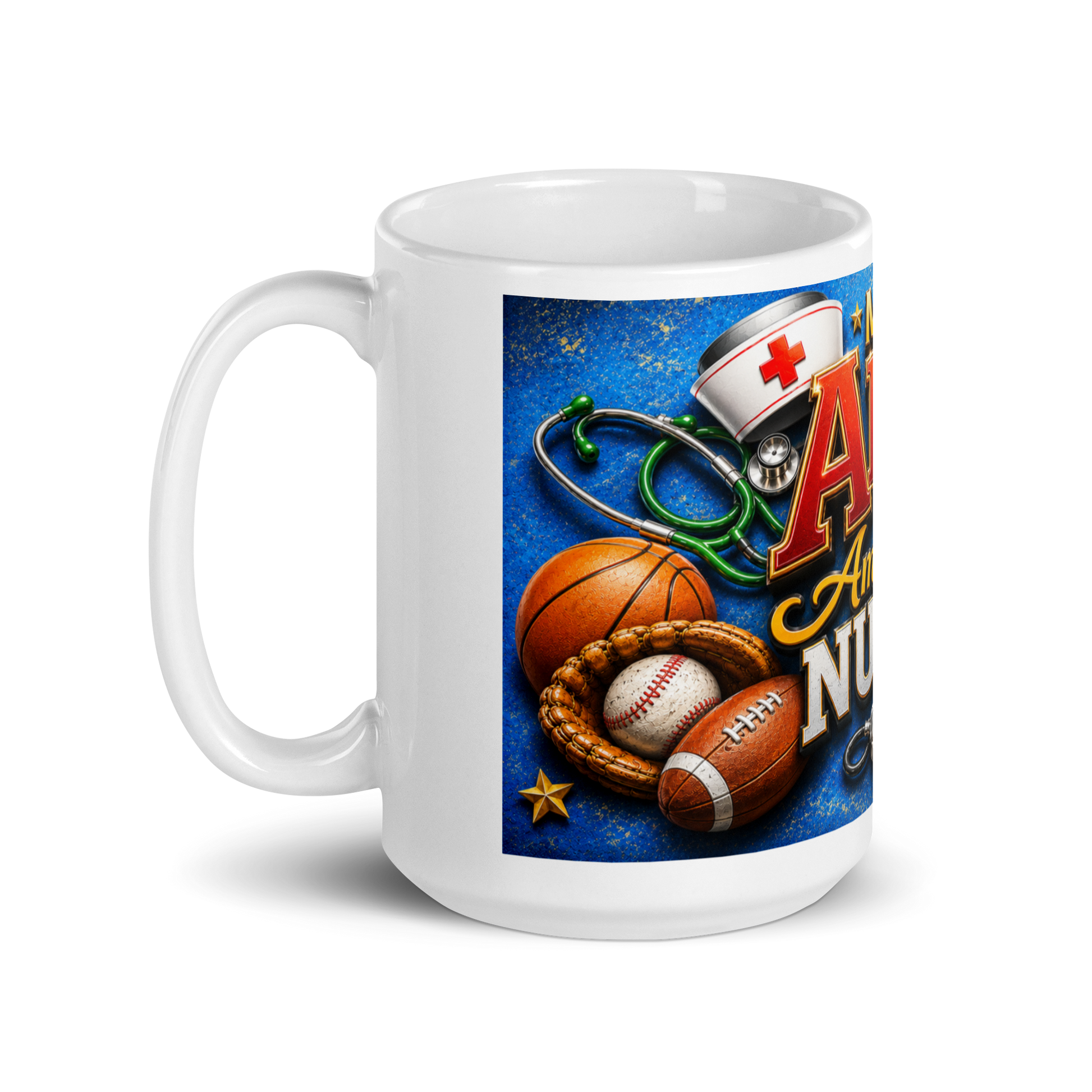 Close up of bold masculine medical graphics on nurse mug