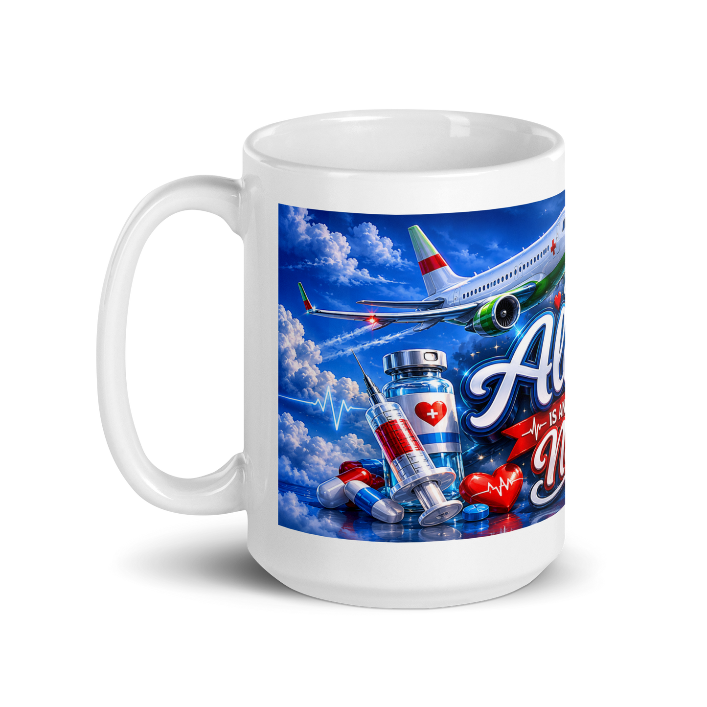 Close up of luxury blue aviation artwork on nurse mug