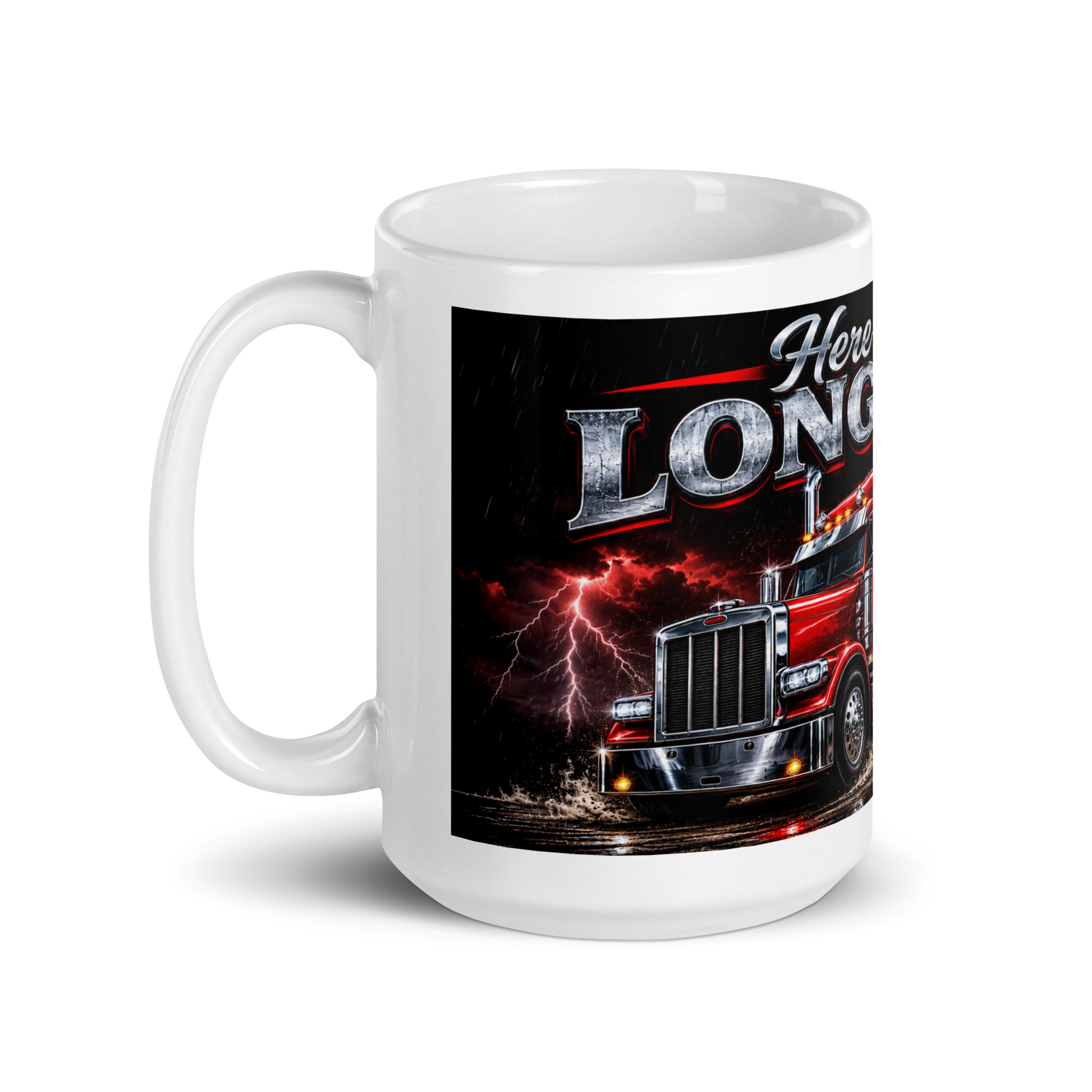 CDL driver holding Here for the Long Haul trucker mug