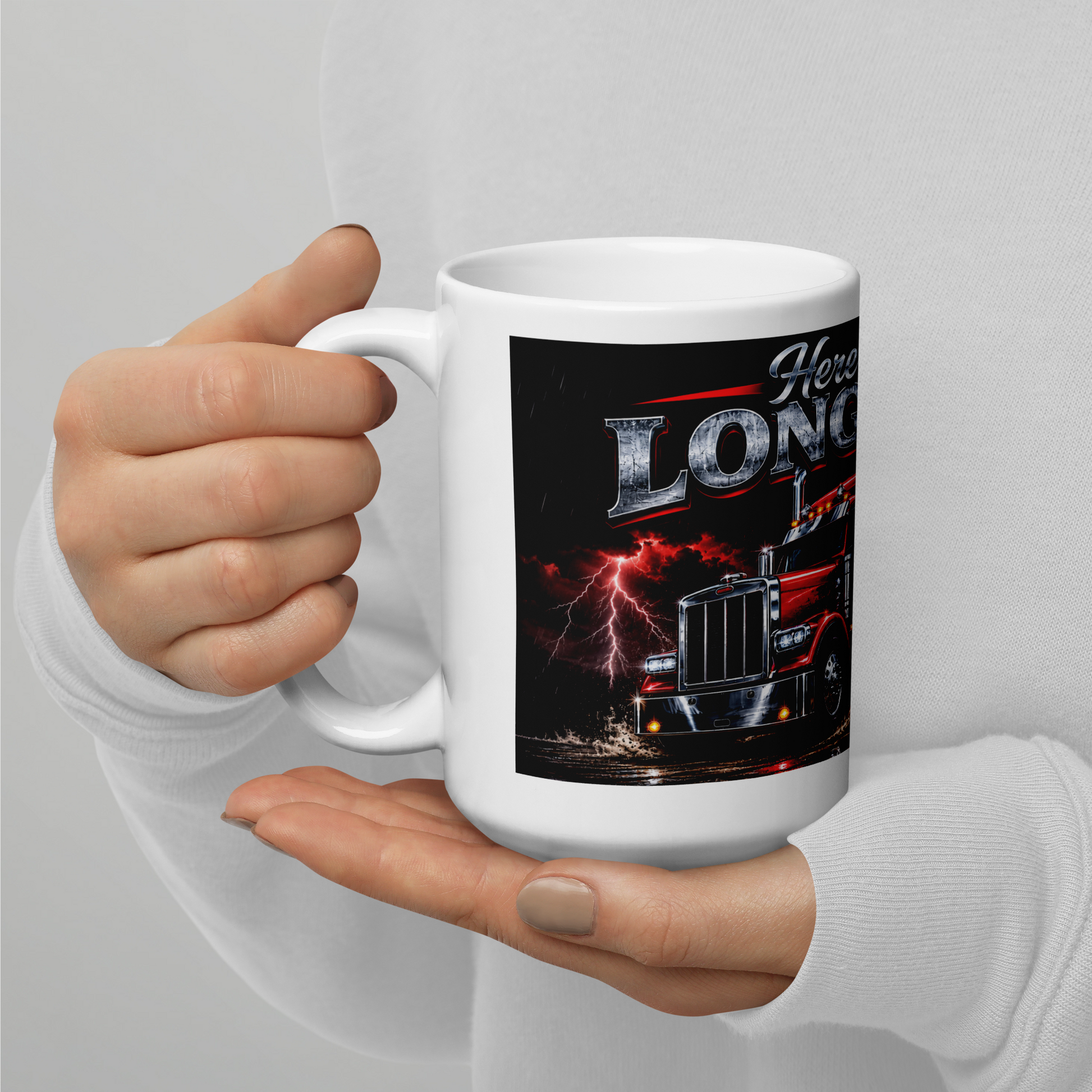 Front view of Here for the Long Haul truck driver ceramic mug