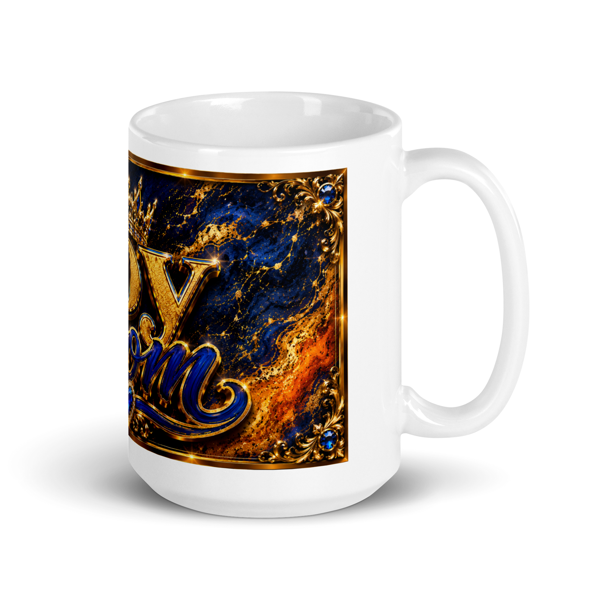Close up of gold crown design on stylish motherhood coffee cup