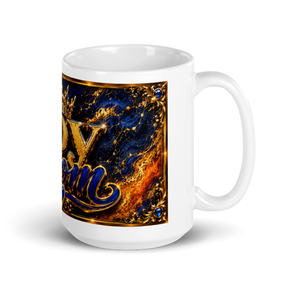 Close up of gold crown design on stylish motherhood coffee cup
