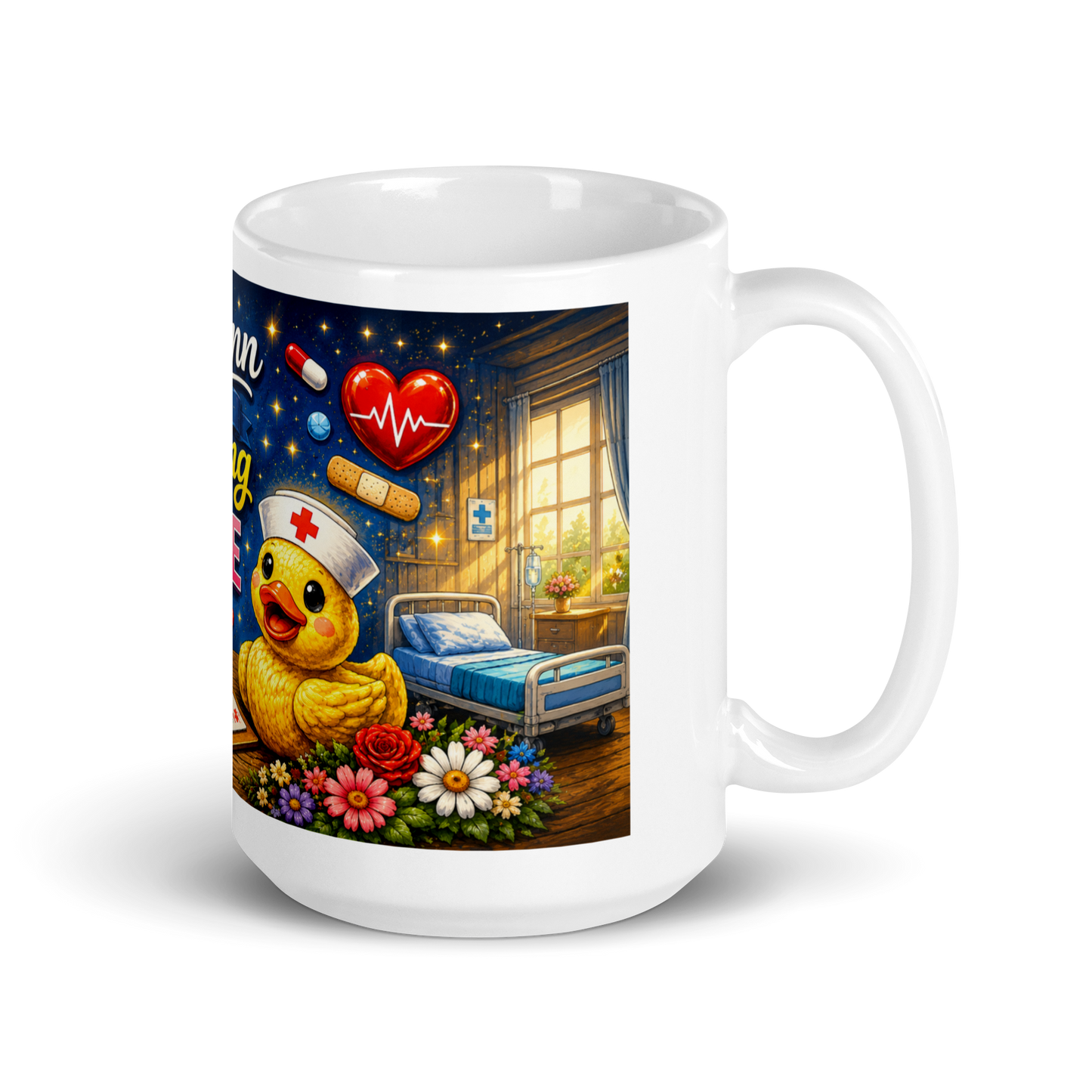 Healthcare worker holding personalized 15oz duck coffee cup