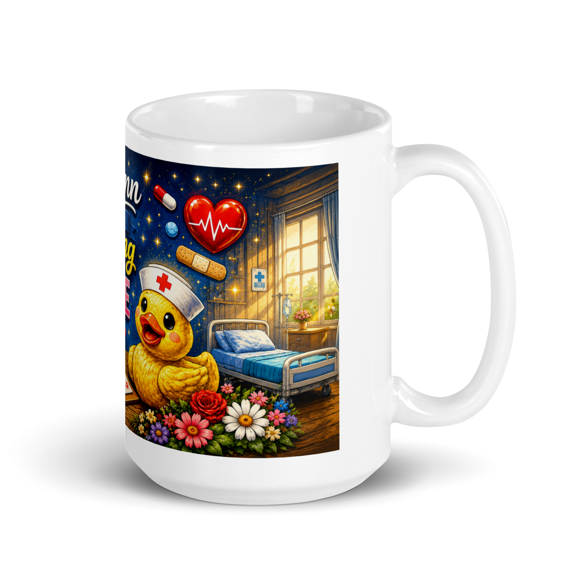 Healthcare worker holding personalized 15oz duck coffee cup