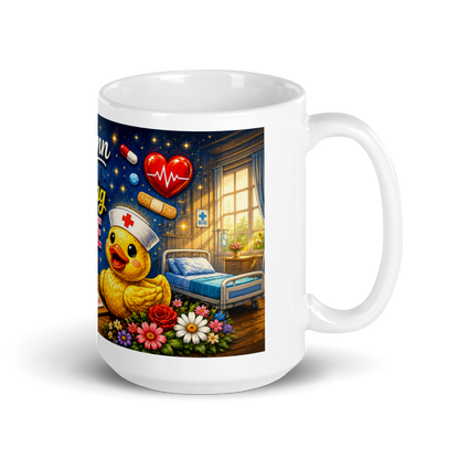 Healthcare worker holding personalized 15oz duck coffee cup