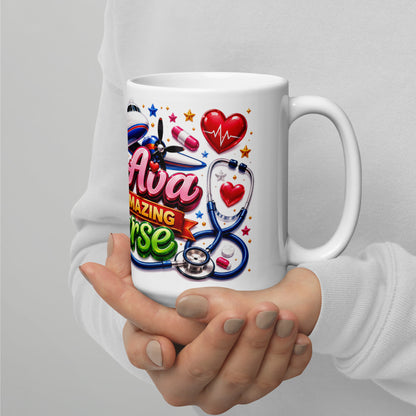 My Ava amazing nurse coffee mug in a hospital break room