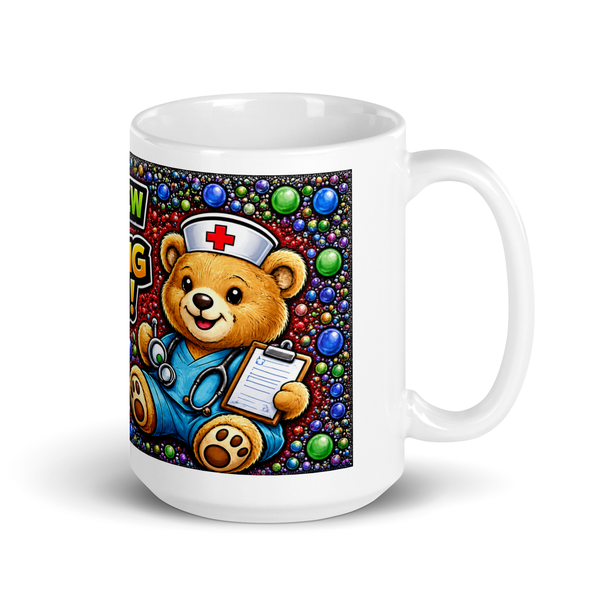 Close up of fun medical themed artwork on amazing nurse mug