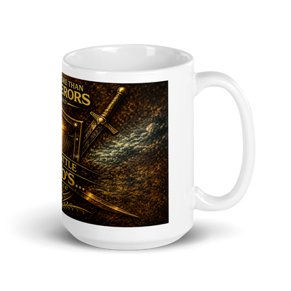 Christian holding 15oz The Battle Is The Lords coffee cup