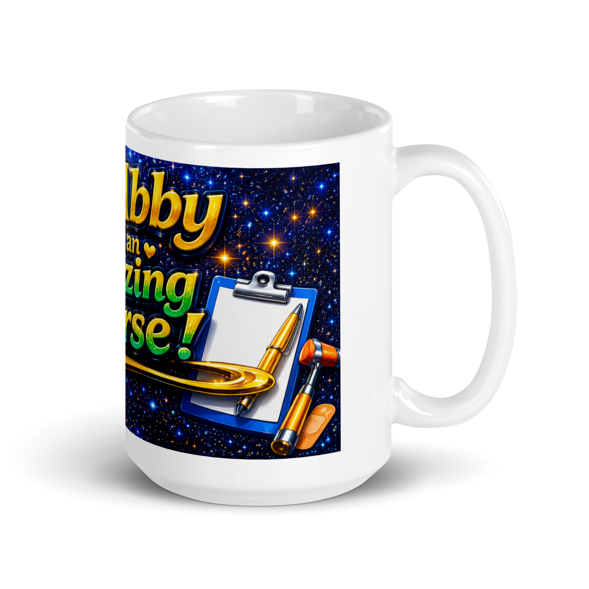Healthcare worker holding personalized 15oz ceramic cup
