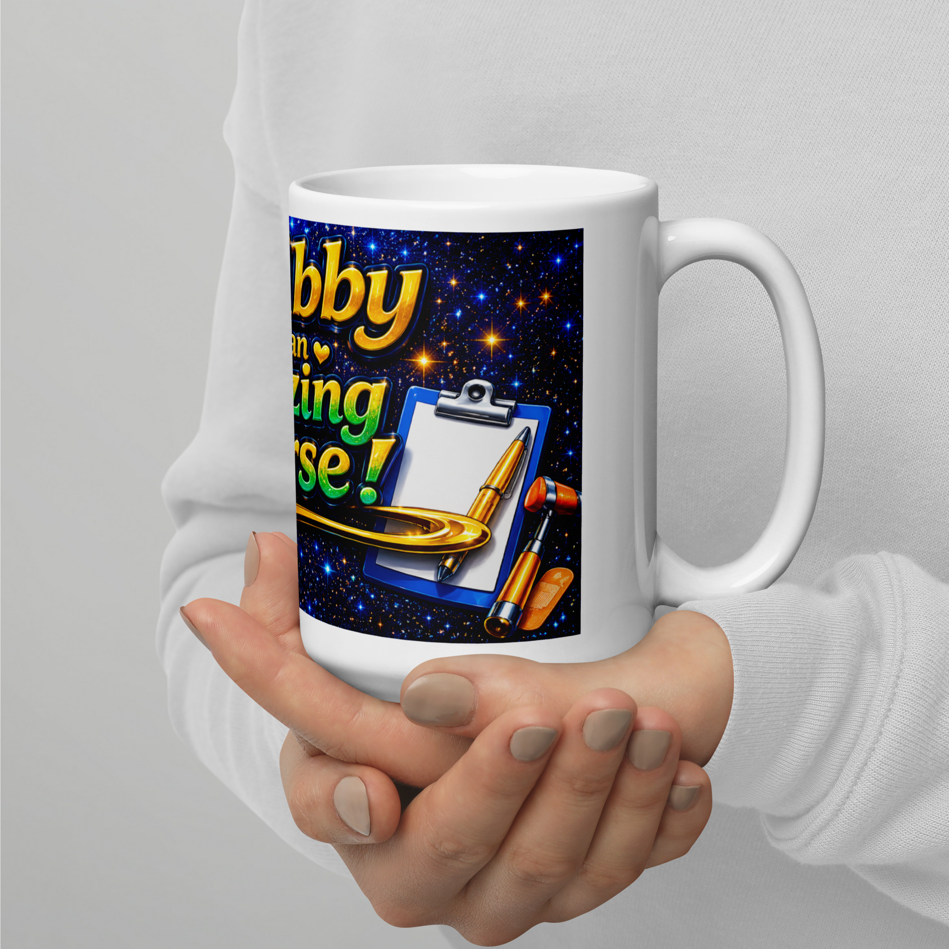 My Abby amazing nurse coffee mug on a hospital desk