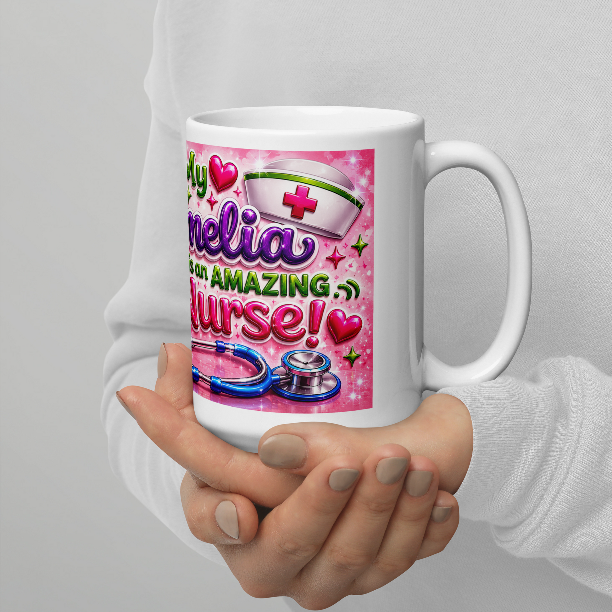 Close up of vibrant colorful lettering on amazing nurse mug